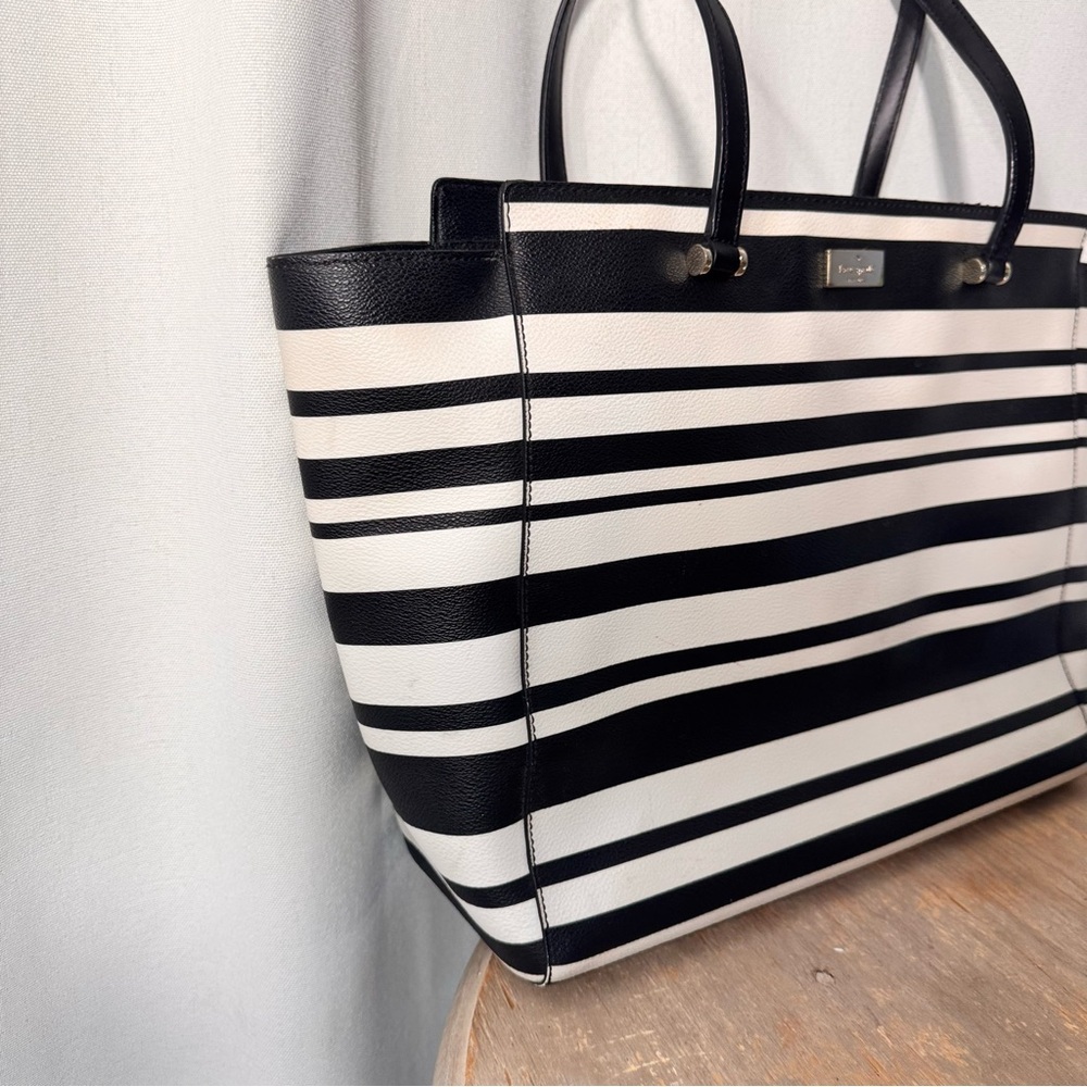 Kate Spade Vegan Leather Black & White Striped Tote Bag - Picture 5 of 9